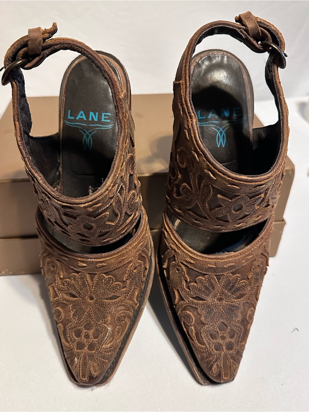 Lane Brown Suede Embroidered Pointed Mules with Ankle Strap